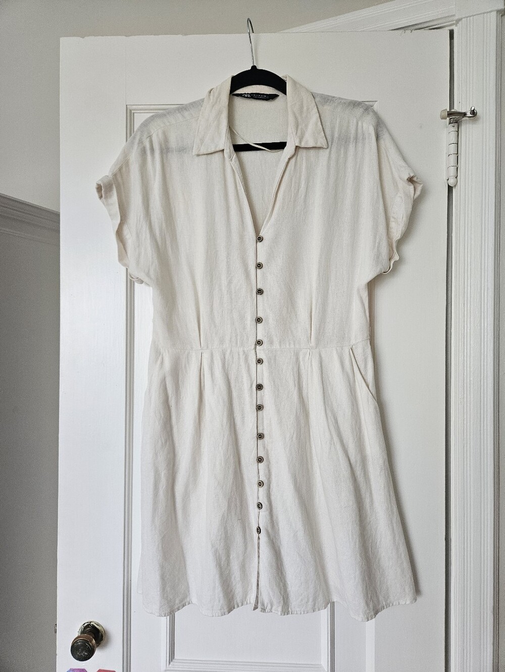 Zara Linen Blend Cream Button-Front Shirt Dress Size M